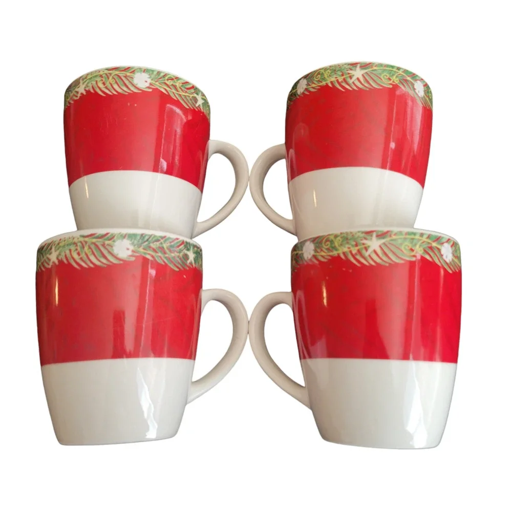 Vintage Oneida Christmas Palm Tree Cups Mugs Sand Dollars Starfish Set of 4 Rare
